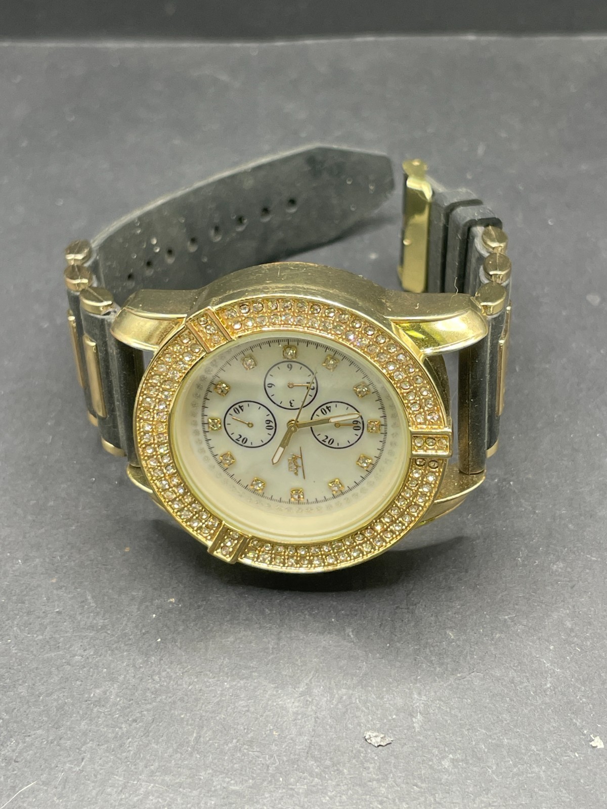 Techno Pavé Gold-Tone Chronograph Luxury Wristwatch Diamond Accent Black Band