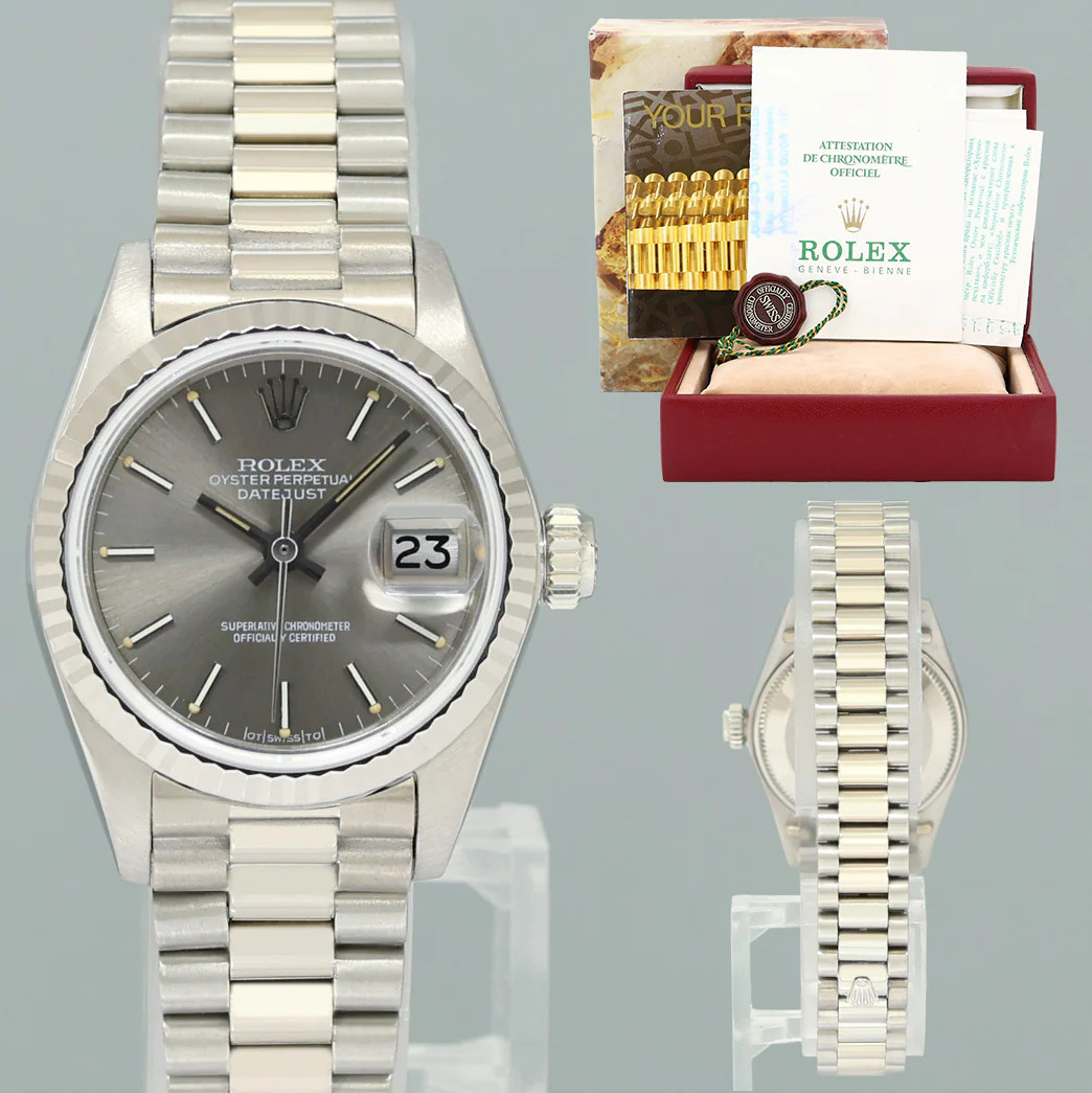 PAPERS Ladies Rolex DateJust Silver Sigma President 26mm 6917 White Gold Watch