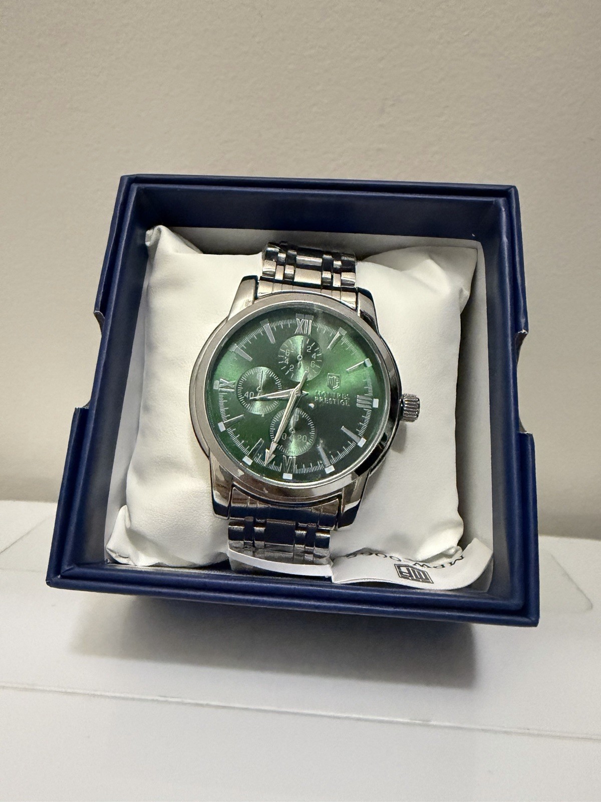 Montres Prestige Men’s Quartz Analog Green Dial Stainless Steel Bracelet w/Box