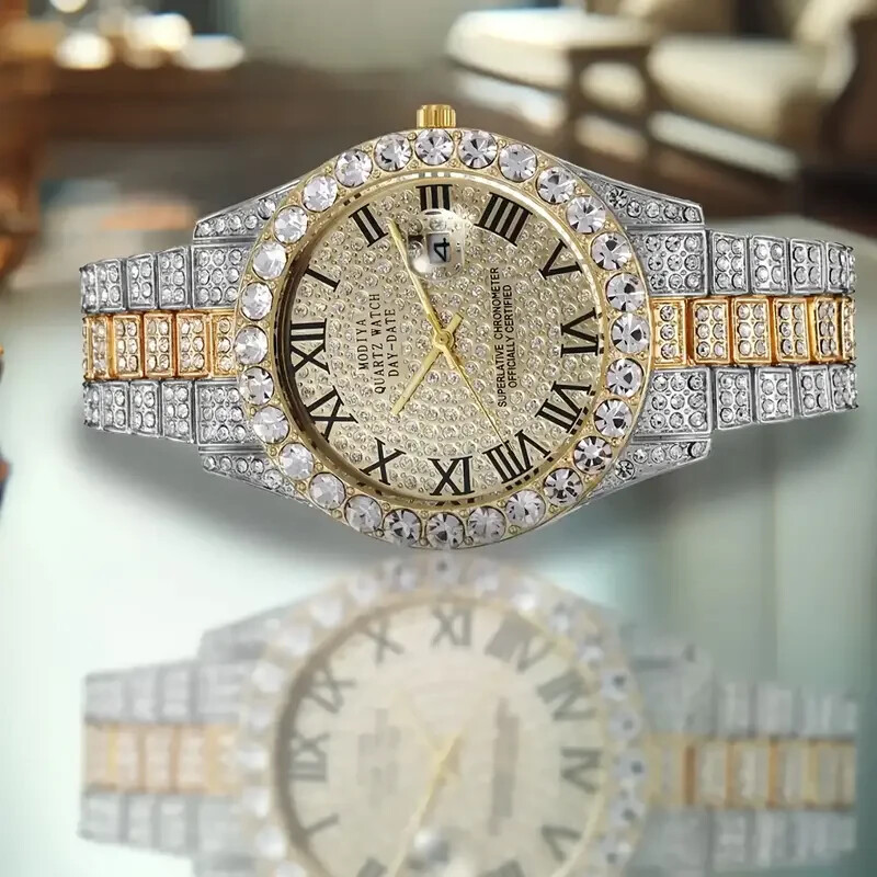 Men Two Tone Rapper Watch Hip Hop Iced Bling Simulated Diamond Luxury Date