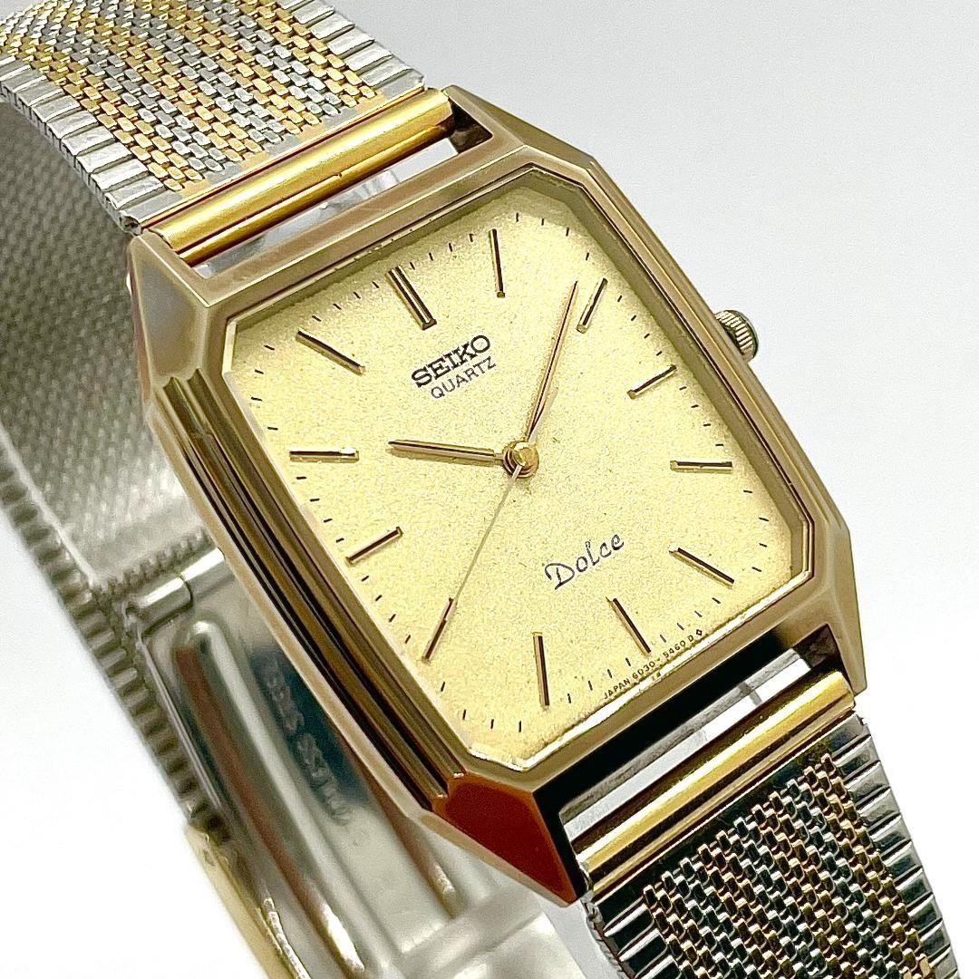 SEIKO Dolce 6030-5390 Quartz Mens Watch Gold Guilloche Dial Rectangular Slim