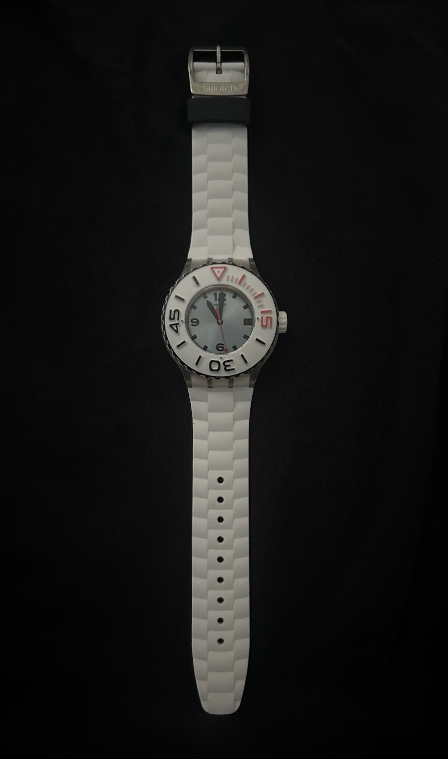 Swatch Scuba Quartz Analog Diver 200m Date Clear Case White Rubber Strap