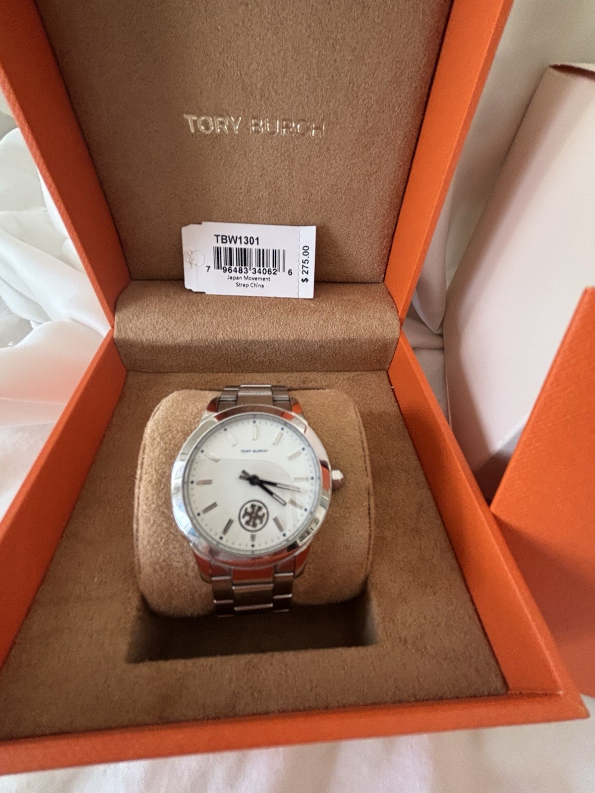 Tory Burch Women’s Quartz Analog Silver Tone Bracelet Watch White Dial Date Box