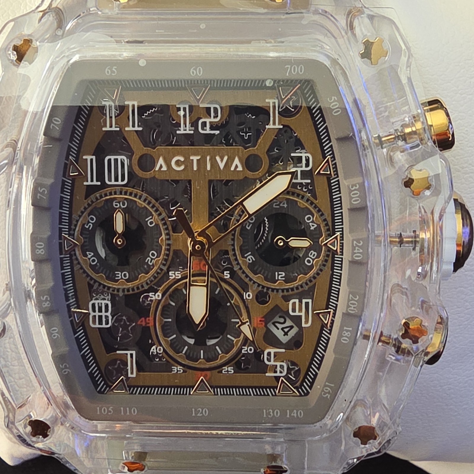 Activa Chronograph Quartz Date Skeleton Dial Clear Case White Silicone Strap
