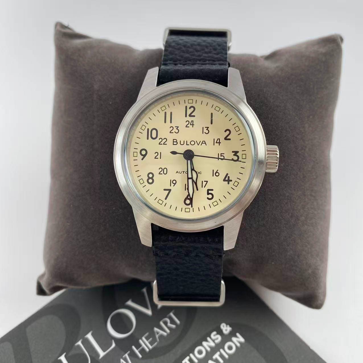 New Bulova Hack Men’s Automatic Watch Ivory Dial Leather Strap 96A246 38 mm