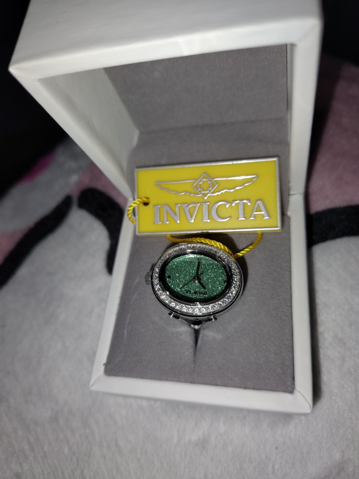 Invicta Mini Angel 24mm Silver Green Glitter Watch Ring 49597