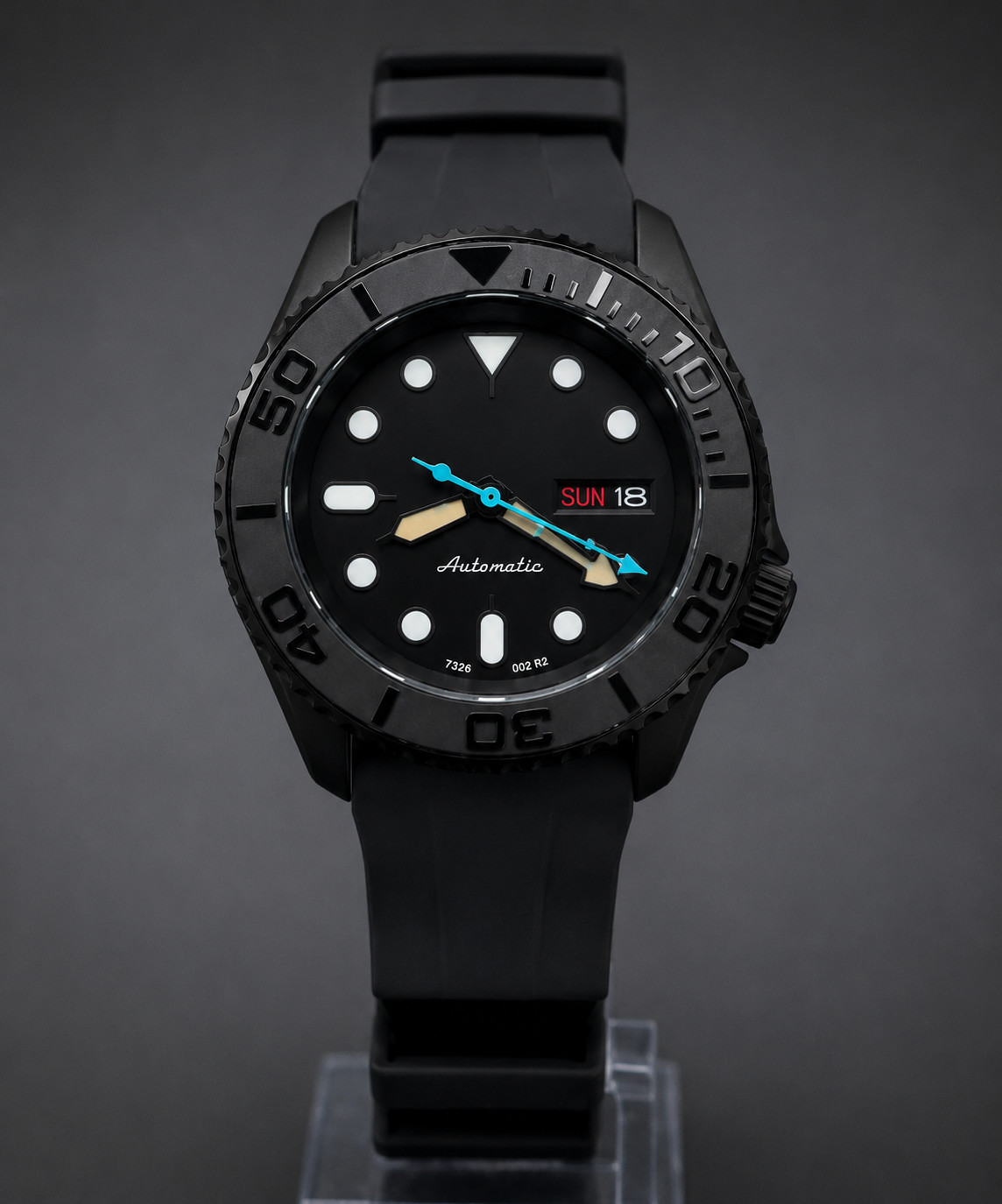 Custom Built – Stealth Black NH36 Automatic Day Date 40mm Rubber Watch