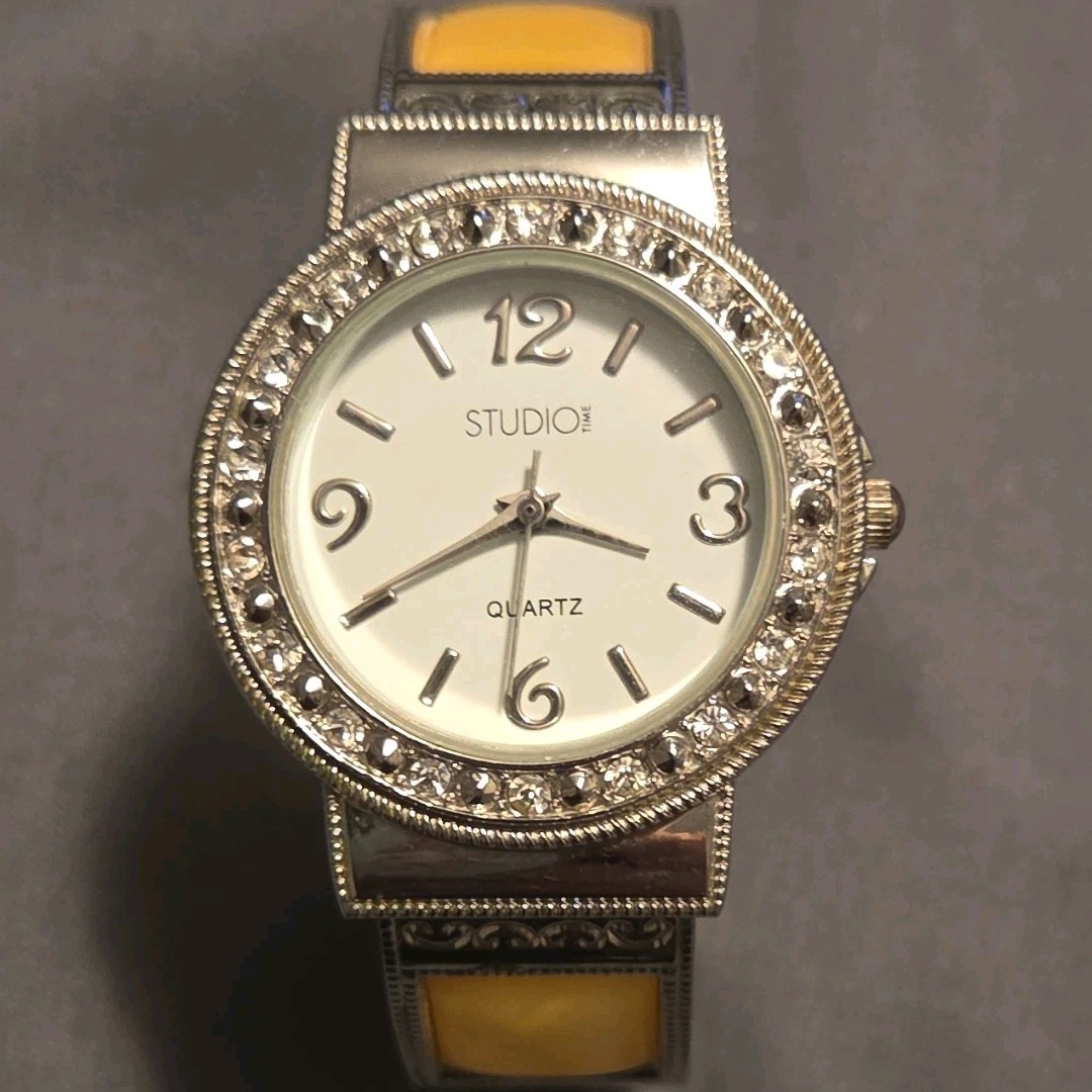 Studio Time Women’s Quartz Analog Silver/Yellow Bangle Watch Gem-Set Bezel