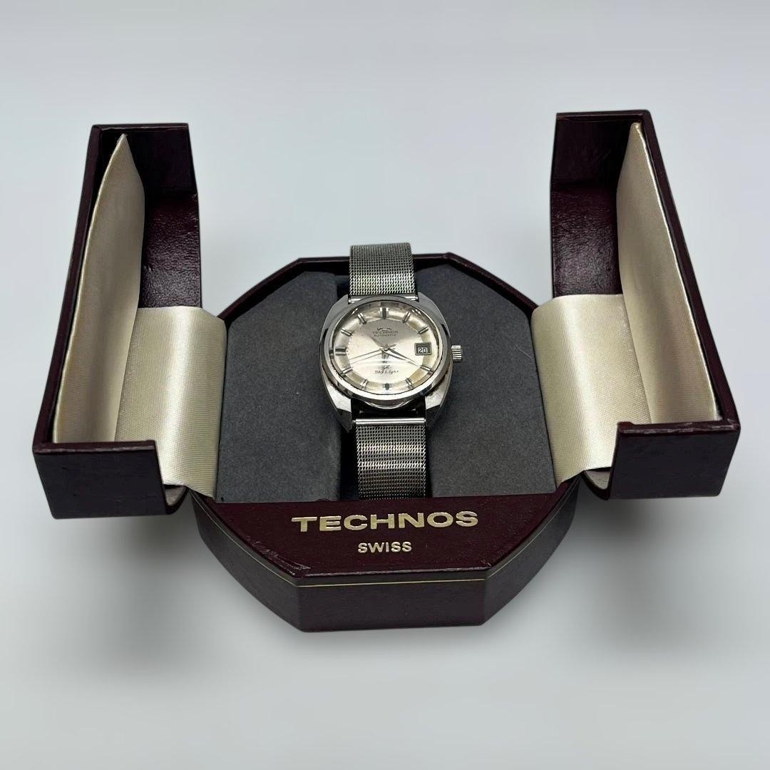 Vintage Technos Sky Light Automatic Working Silver Mens Watch SS Japan w/Box