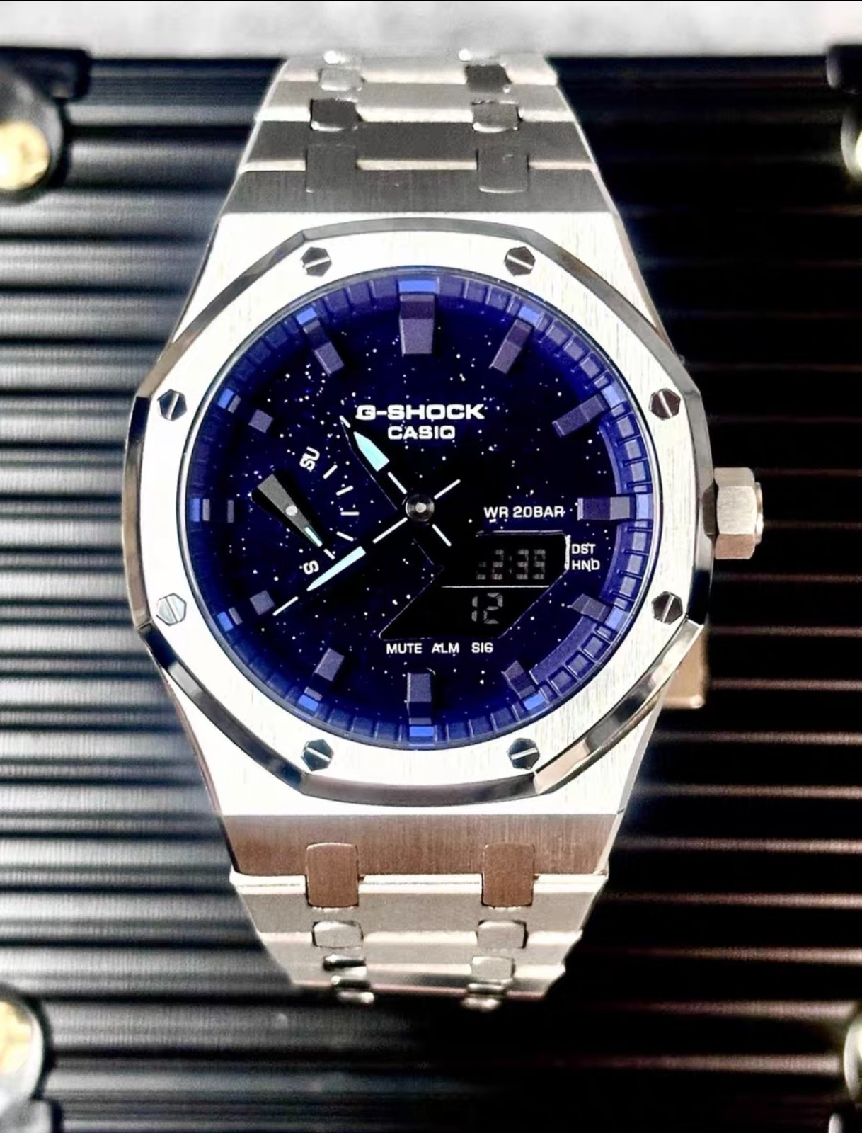 Custom Casio GA-2100 CasiOak Mod Silver Steel Band Blue Star Dial Watch Sapphire