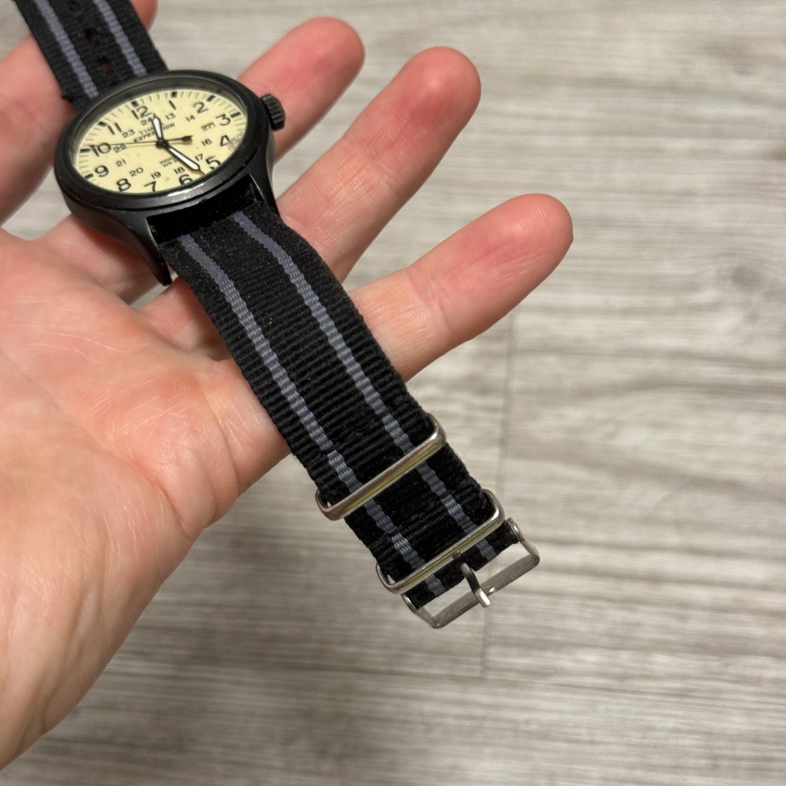 Timex Expedition Quartz Beige Dial Black Nylon Strap Indiglo Date WR 50m