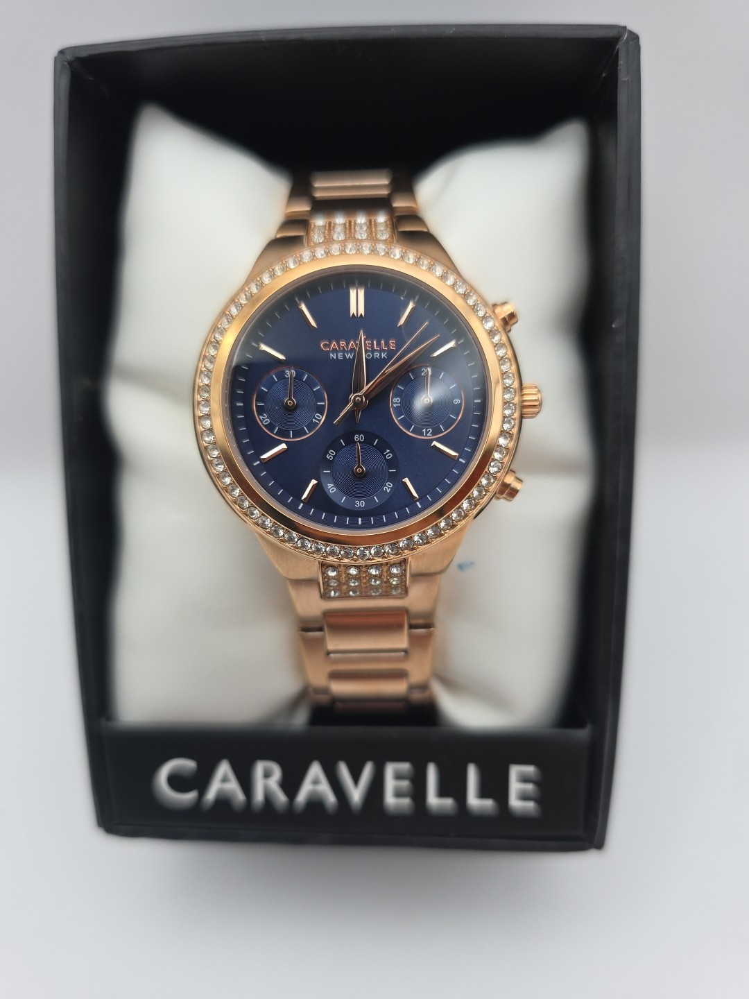 Caravelle by Bulova 44L181 Chronograph Blue Dial Rose Gold Tone Women’s Watch