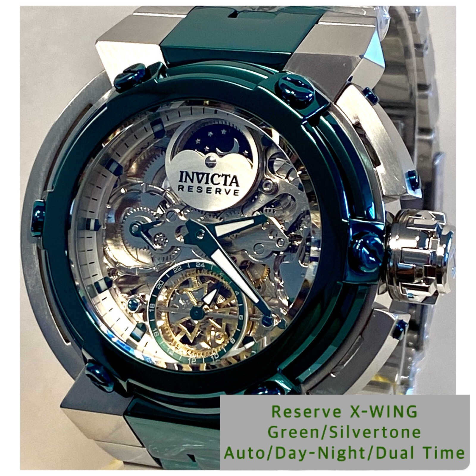 X-WING Auto | Green & Silvertn Bracelet | Day/Night, DUAL TIME | Invicta Watch