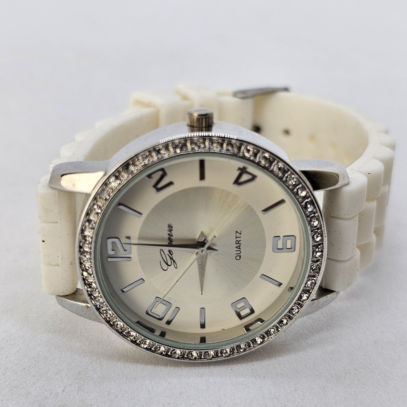 36MM Women Watch Gray Dial Crystal Accents White Plastic Bands New Battery