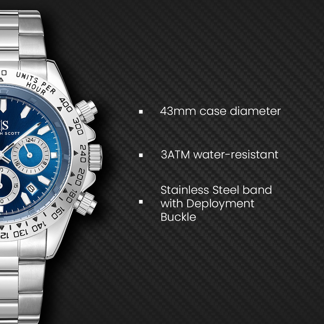 Kenneth Scott Men’s Multi Function Watch | Blue Dial, Silver Case & Strap