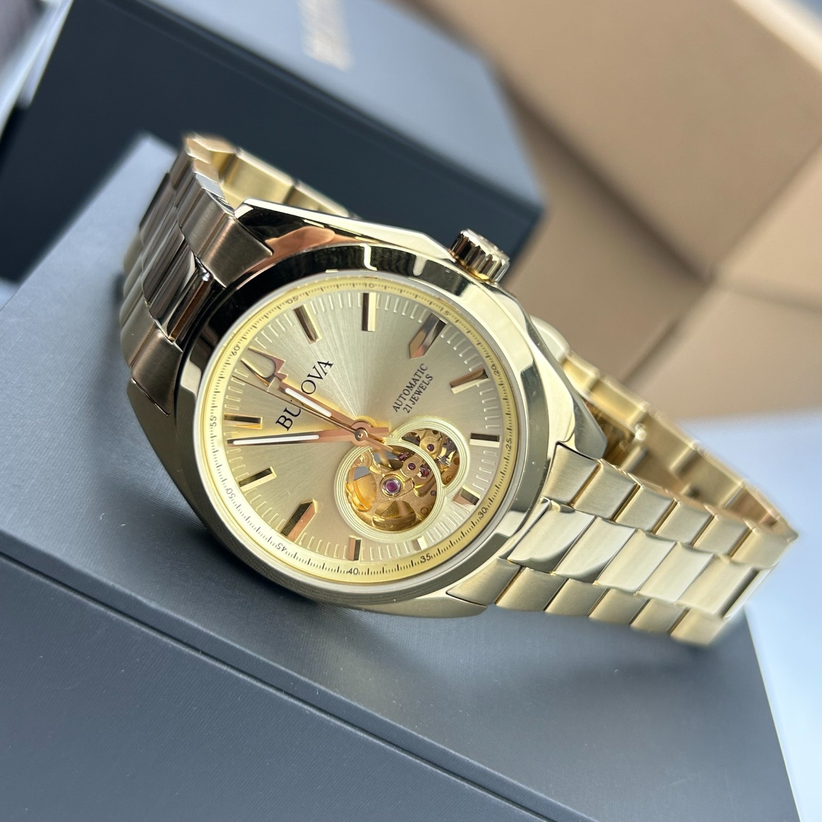 Bulova Men’s 97A182 Surveyor Champagne Dial Gold Stainless Steel Automatic Watch