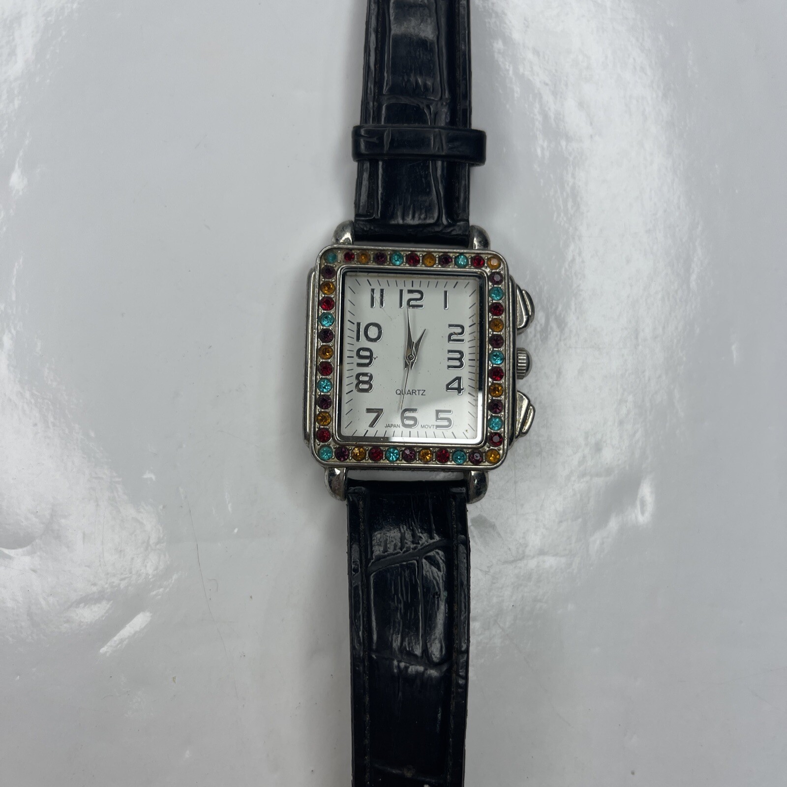 E ACC Japan Silver Black Leather Red Blue Orange Crystals Ladies Retro Untested