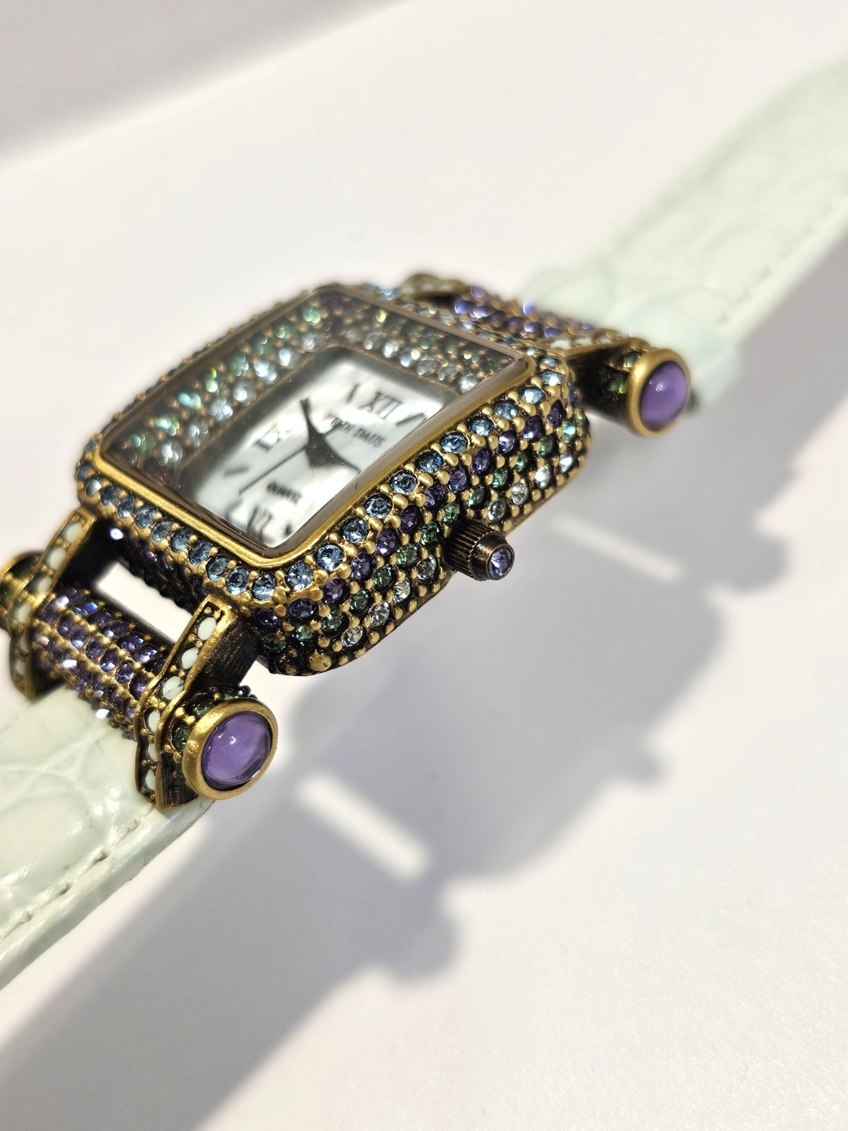Heidi Daus Watch multicolor crystal green leather band