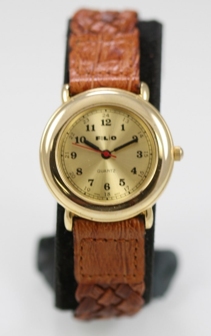 Folio Women Watch Stainless Steel Gold Water Resist Leather Brown Battery Quartz