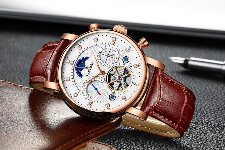 Mens Automatic Mechanical Watch Date Day Rose Gold White Brown Leather Strap