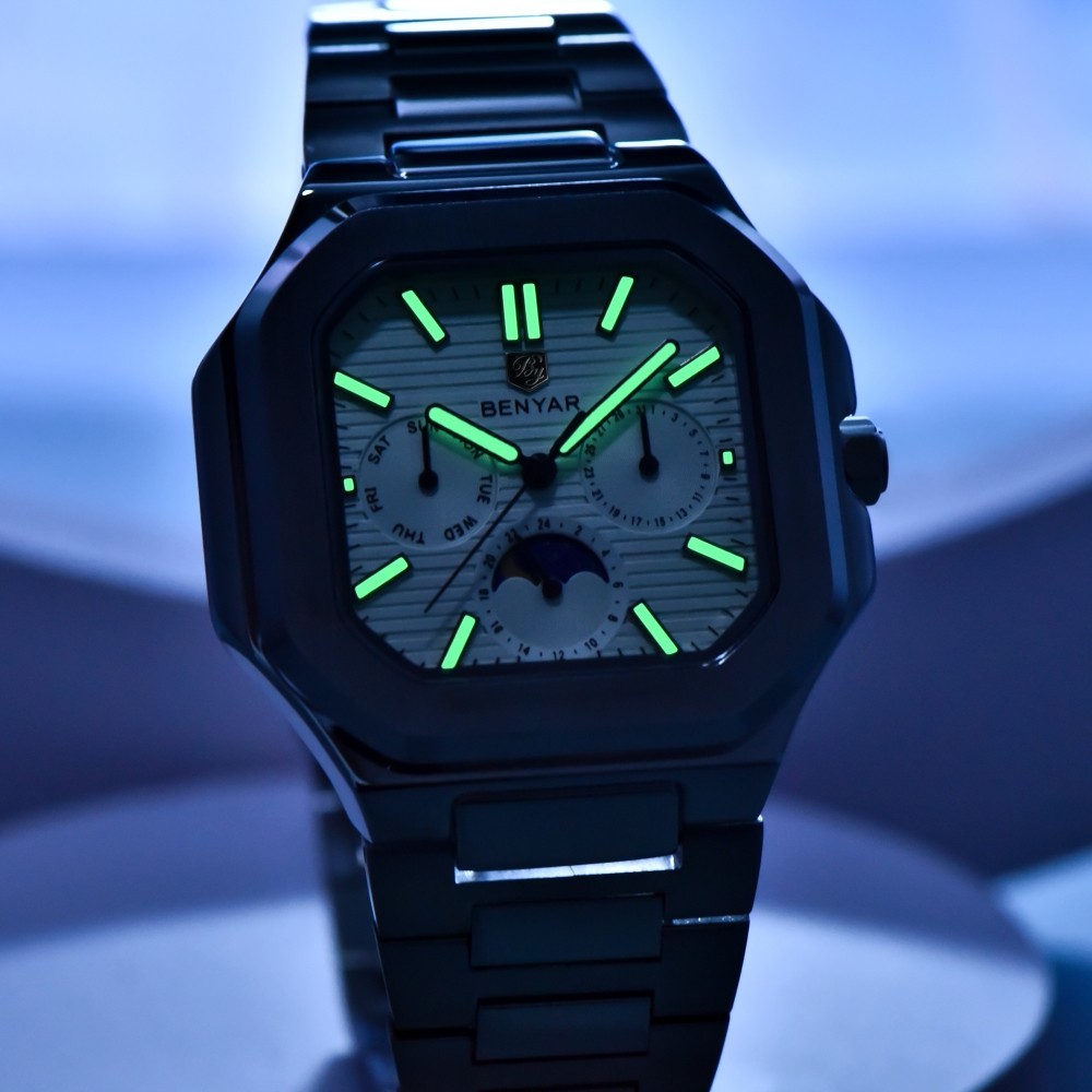 Men’s Quartz Watch Moonphase Hardlex Crystal Luminous Waterproof Stainless Steel