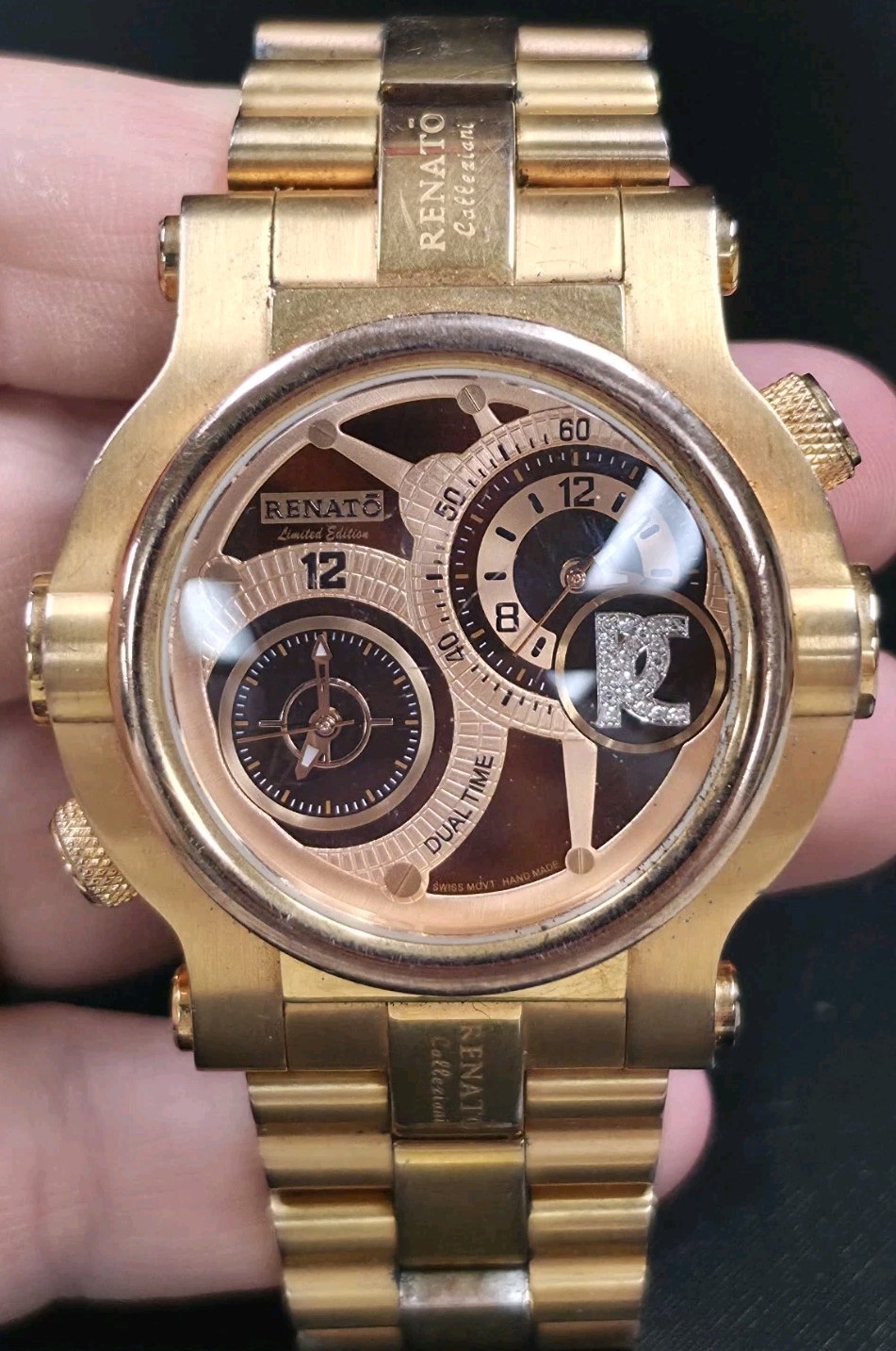 Renato Generation 8 Beast Dual Time Quartz 30 ATM Gold Tone SS Bracelet 45mm