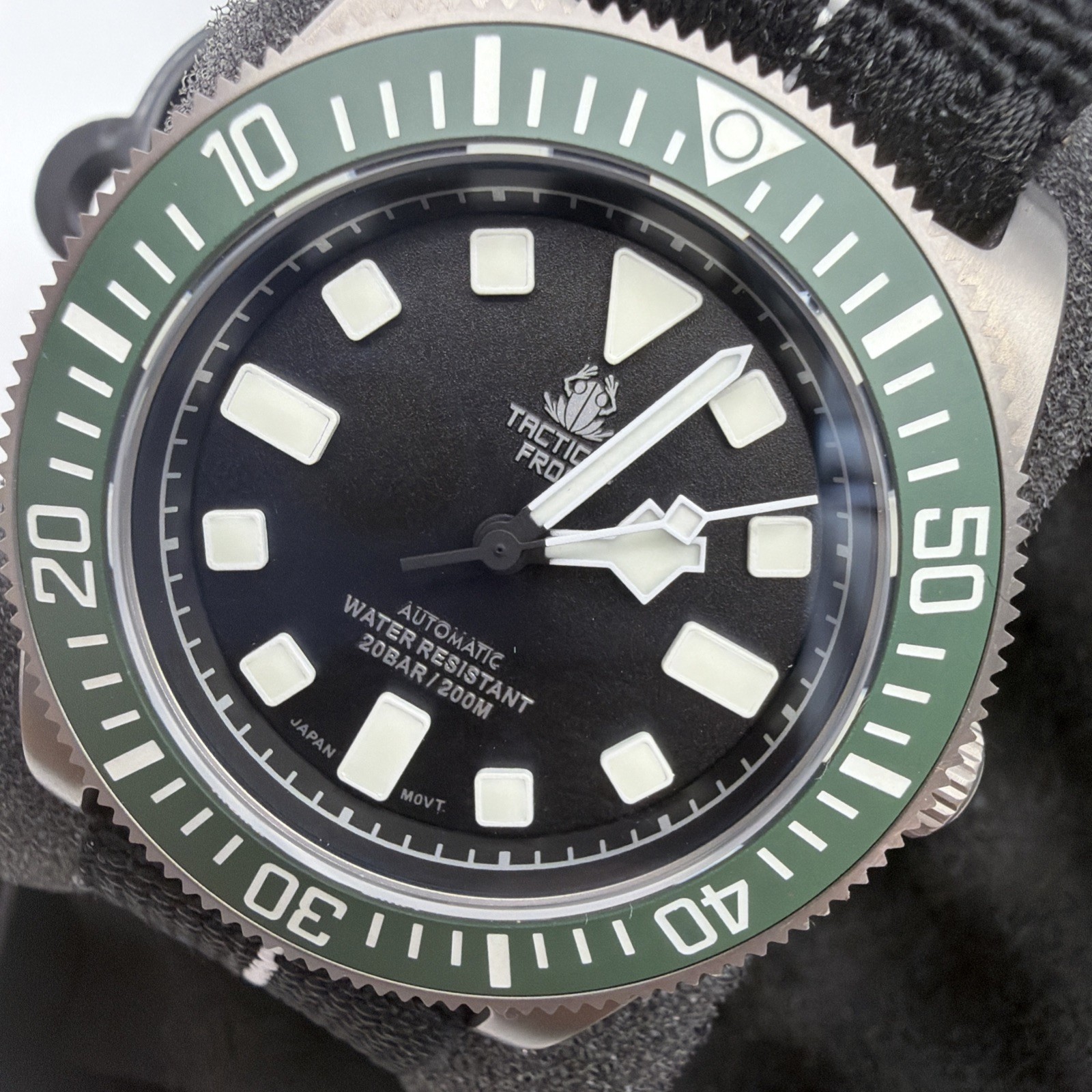 Tactical Frog Titanium NH35A Mechanical Watch Green Bezel Black Dial Fixed Lugs