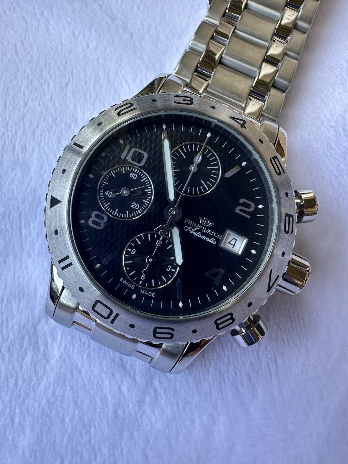 Philip Watch 7750 Automatic Chronograph Men’s Watch 44mm Original SS Bracelet