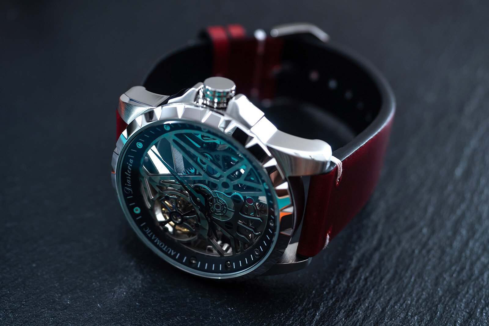 Mens Silver Automatic Mechanical Watch Dark Red Oil Waxed Leather Strap Gift