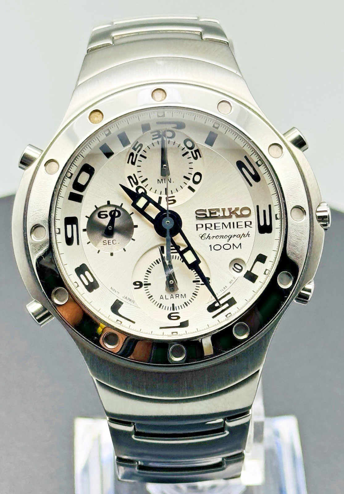 Vintage Seiko Premier Watch Chronograph Alarm Sapphire Crystal 7T32-7H80 Panda