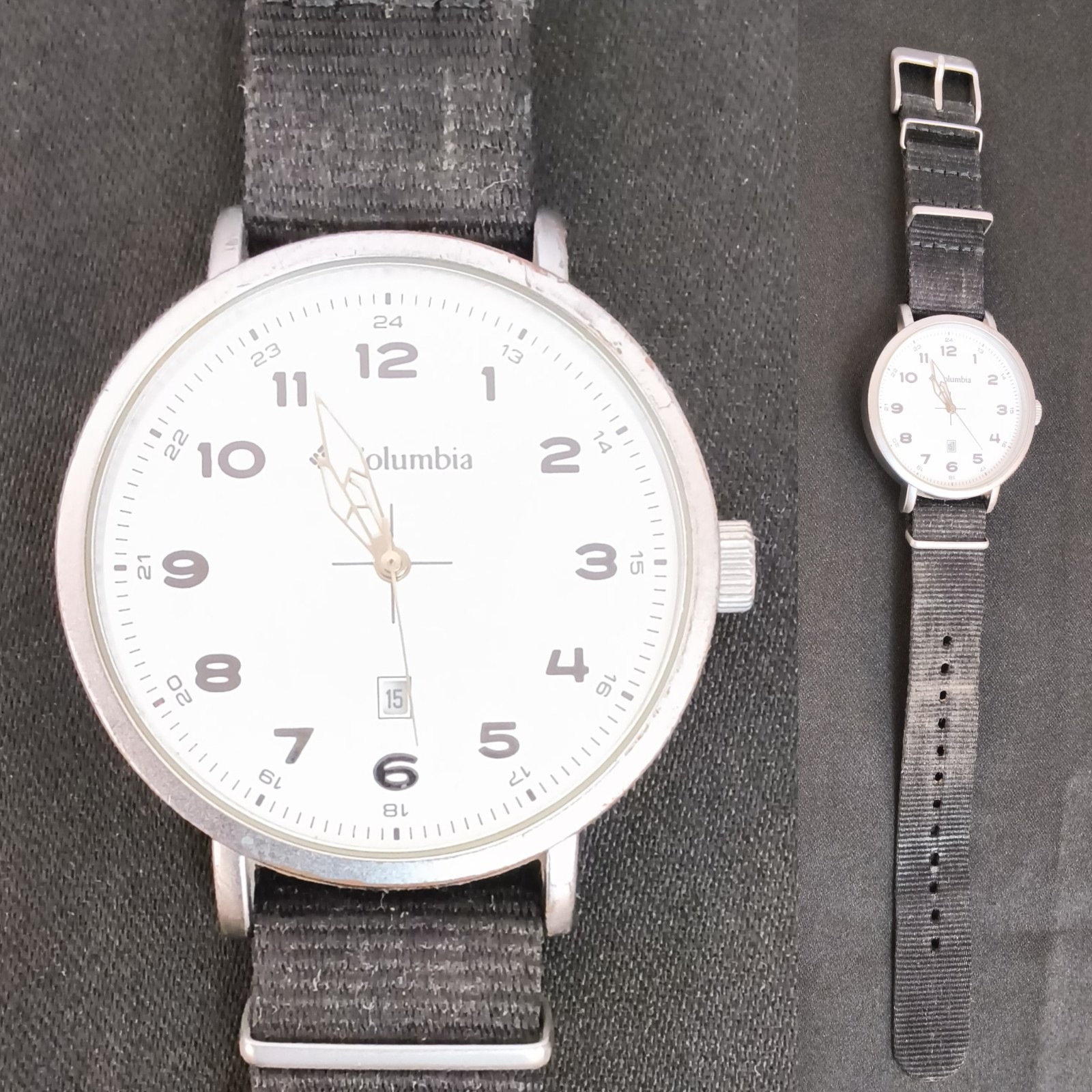 Columbia Silver Tone Analog Mens Watch Round White Face Black Fabric Band #W5172