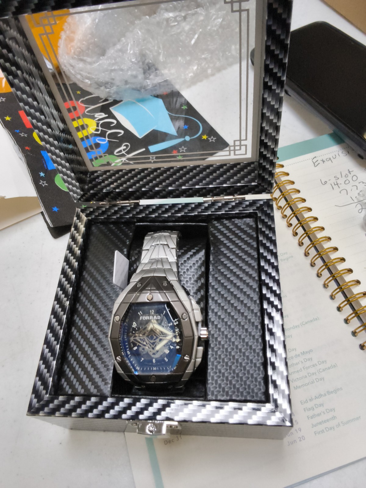 FORRAD Automatic Skeleton Watch Blue Dial Stainless Steel Men’s Watch New in Box