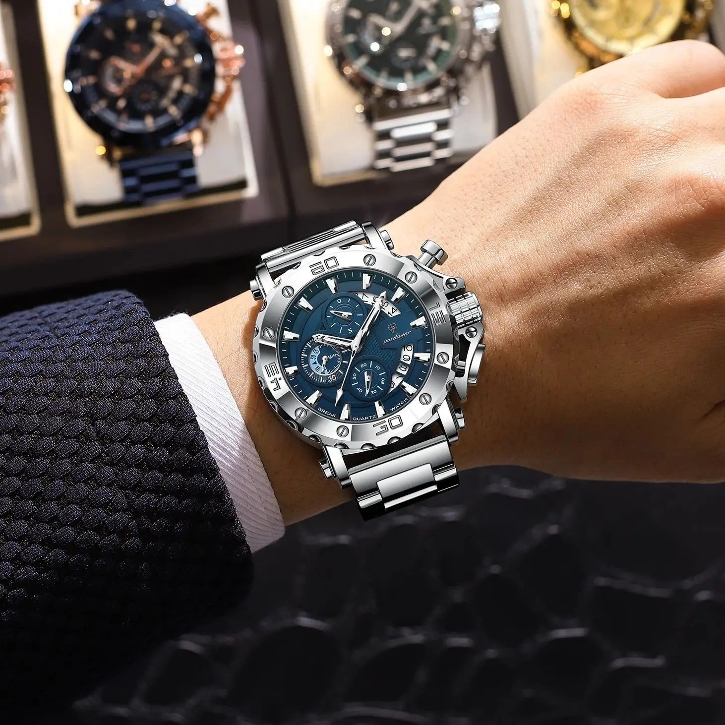 Silver Luxury Waterproof Numberless Calendar Stainless Steel Men Quartz Watches