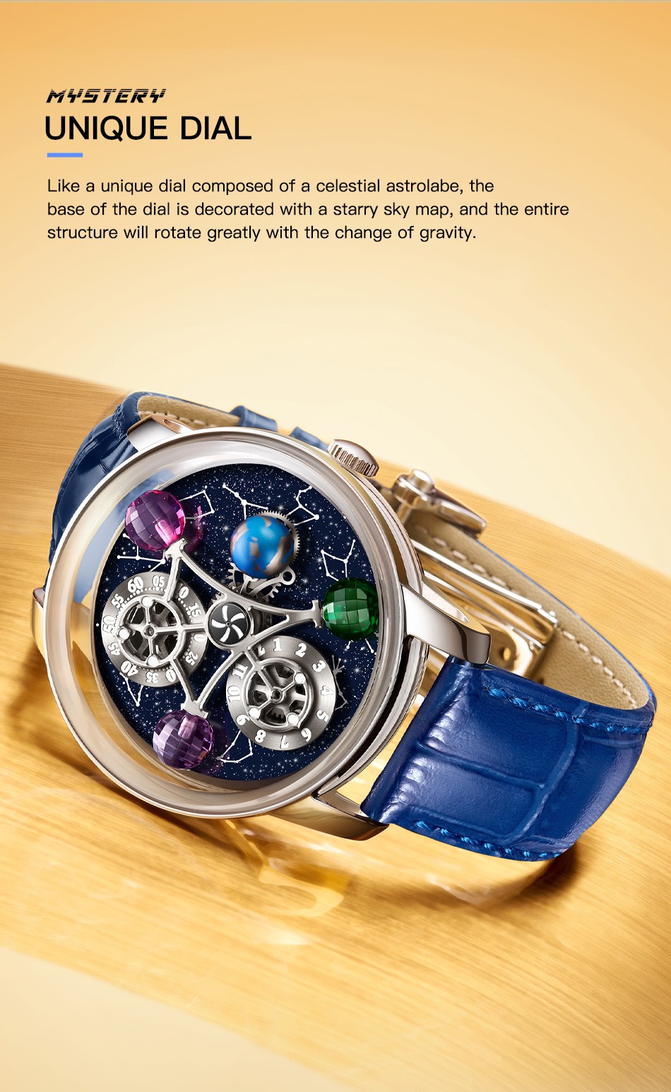 ‌PINDU Men’s Automatic Mechanical Watch Waterproof Leather Strap Unique Starry
