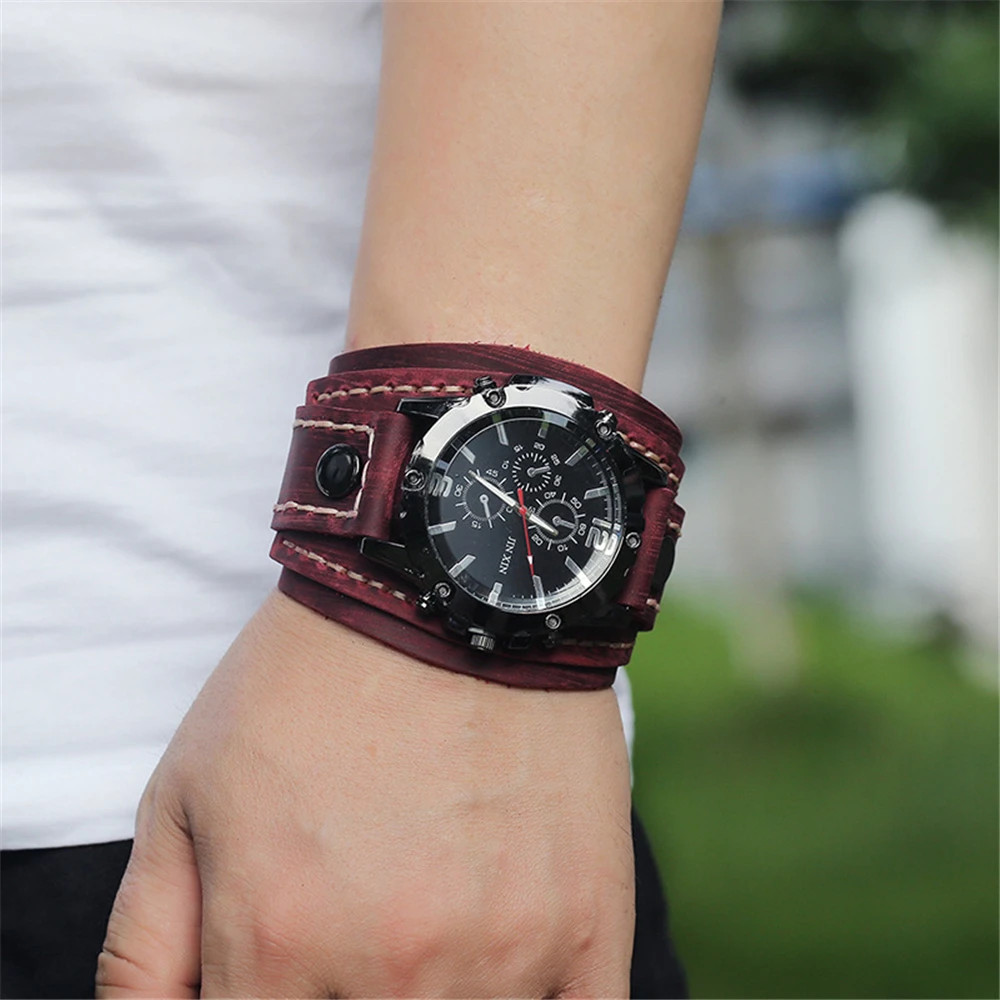 Black Brown Blue Men Pointer Quartz Watch Genuine Leather Strap Bracelet Vintage