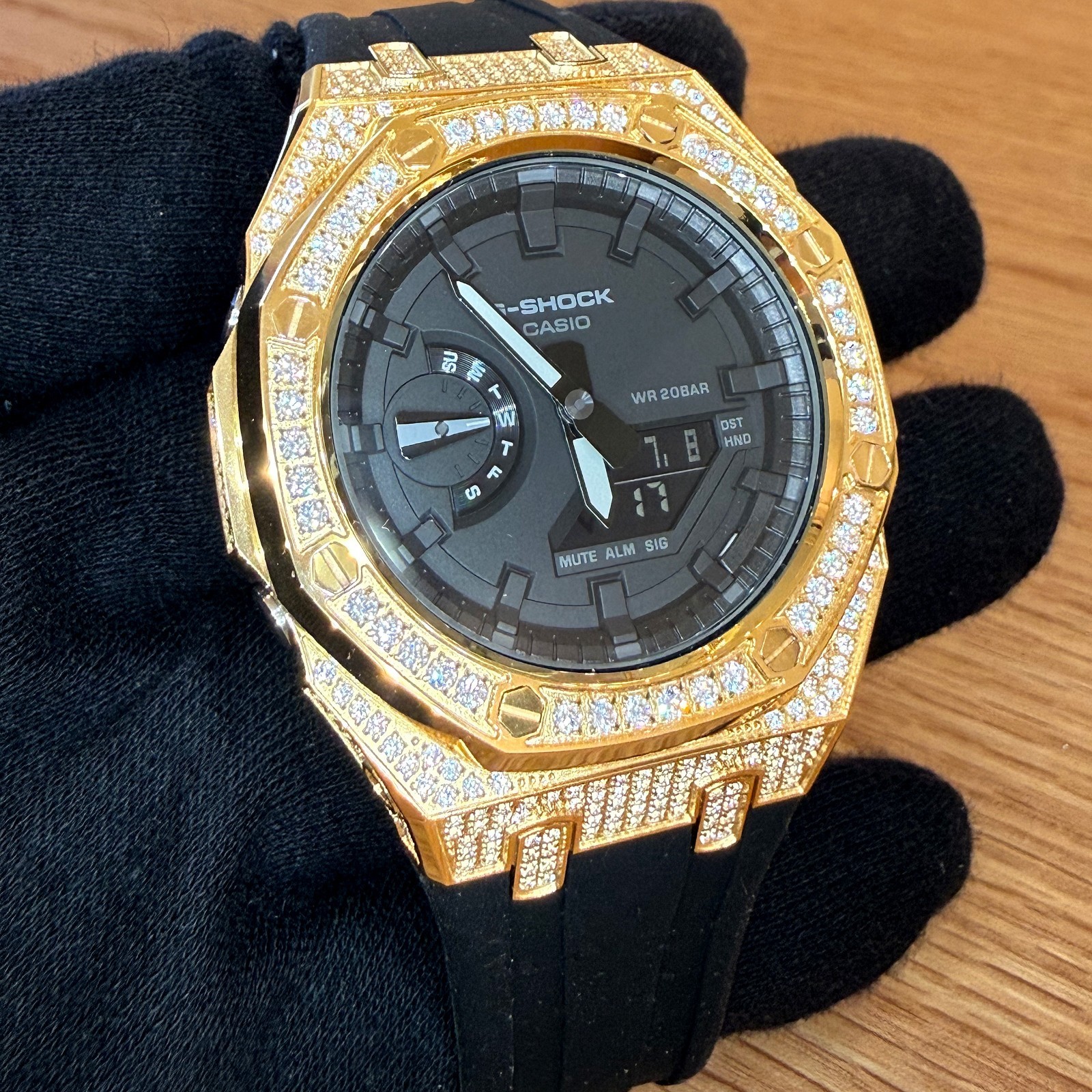 Modded Authentic Casio G Shock GA2100 Gold Iced Out Watch Rubber Strap
