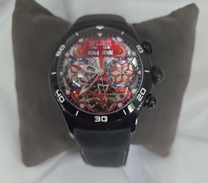 Reef Tiger Mens RGA703 Watch Automatic Skeleton tourbillon Day Date Year Month