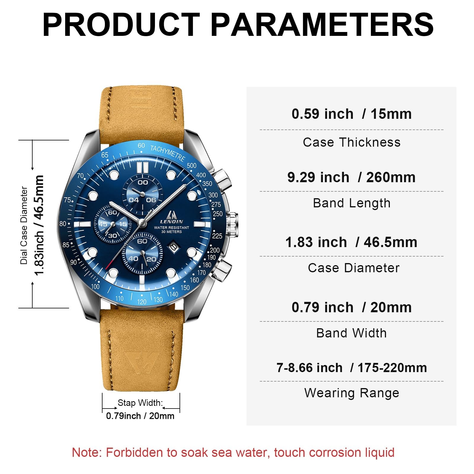 Luminous Men Quartz Watch Date Display Mineral Glass Genuine Leather Strap 46mm