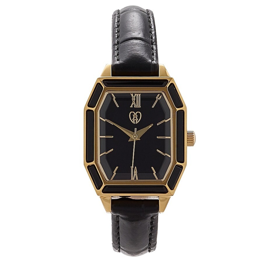 Black Onyx Stainless Steel/Gold Tone Art Deco Style Watch with Leather Strap