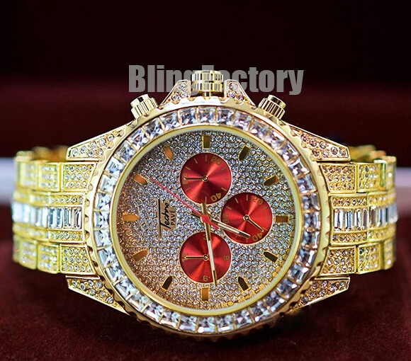 Men Luxury Hip Hop Gold PT Metal Iced Band Clubbing Dress Bling Trendy Watch