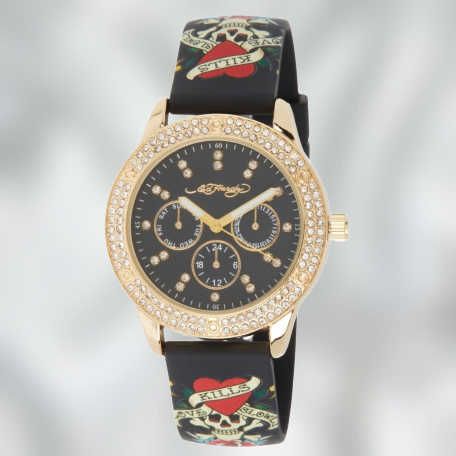 ED HARDY Women’s Gold Tone Diamond Chronograph Printed Silicone Strap Goth Watch
