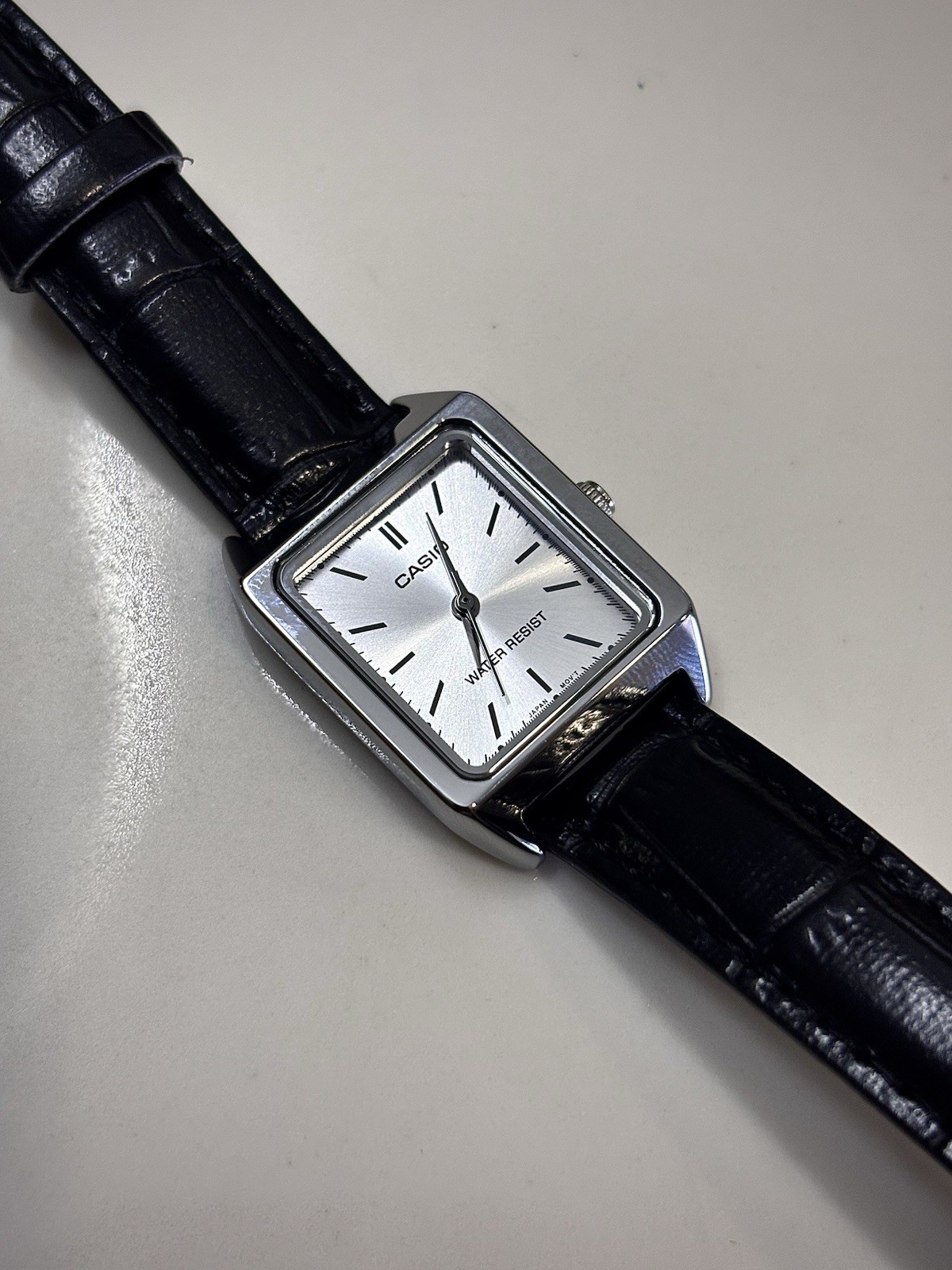 Casio Tank Style Watch Black Leather Strap Silver Dial