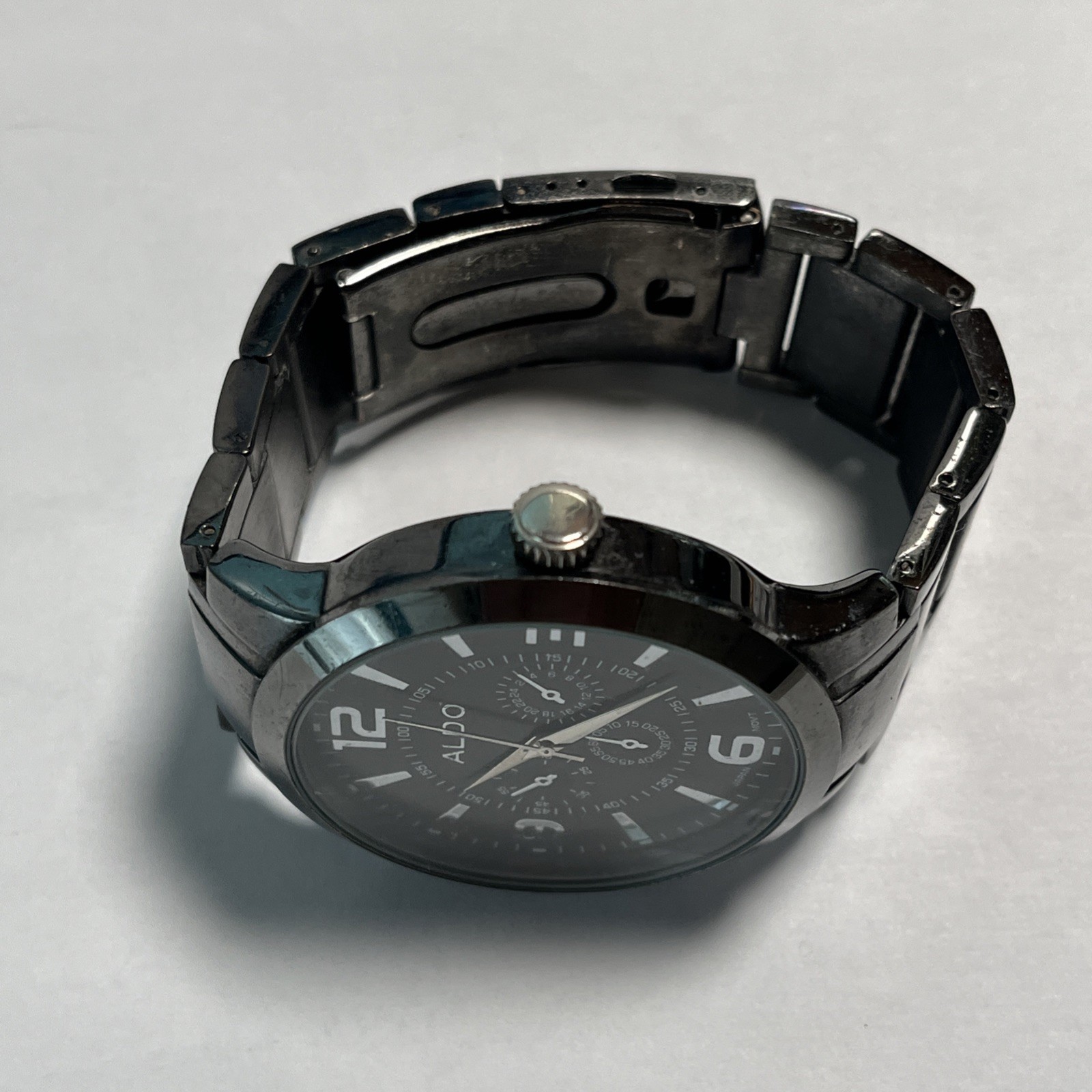 Aldo Men’s Black Chrome Stainless Bracelet Watch Lrg. Face Japan Movement #1210
