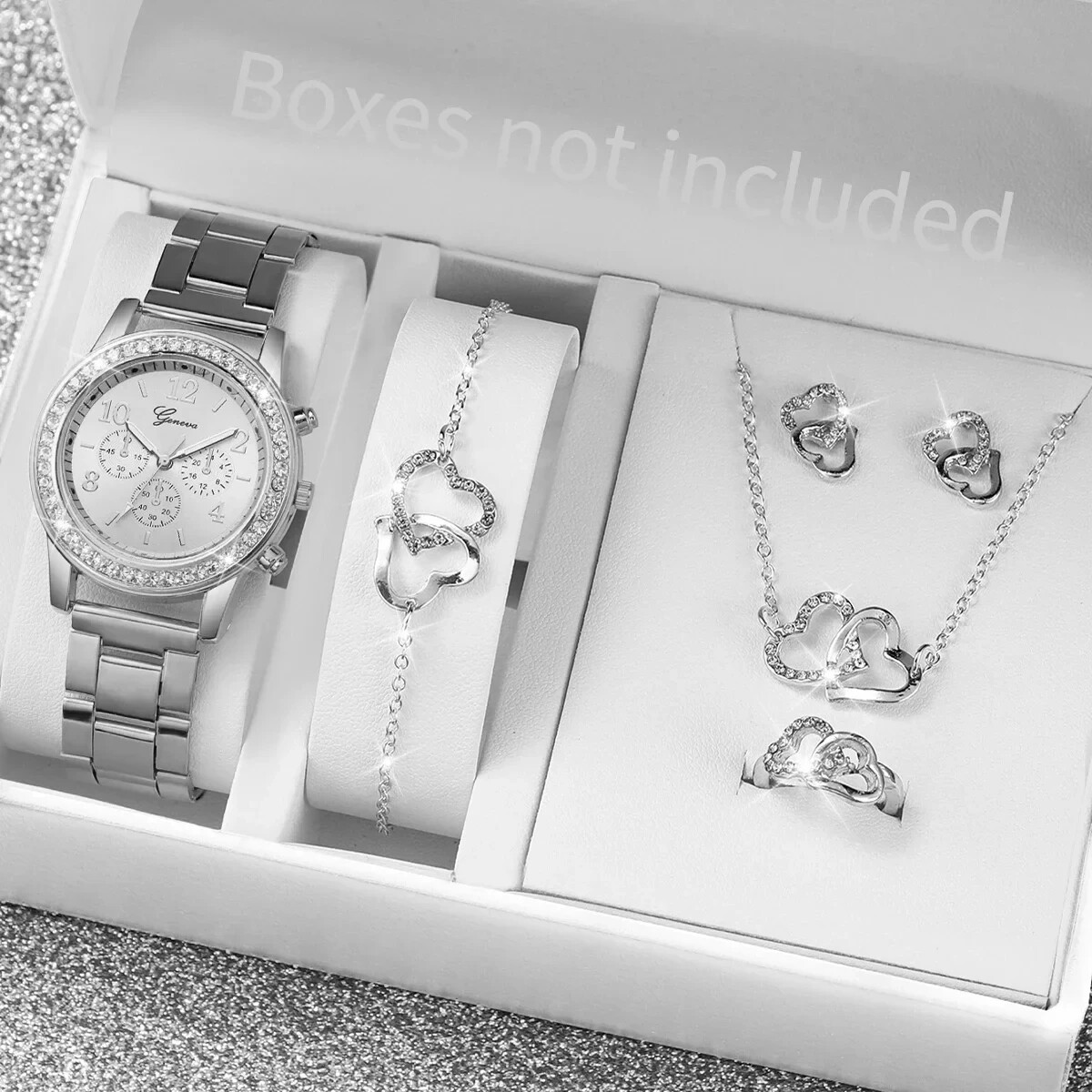 Women Girls 6 Pcs Set Silver Watch Bracelet Necklace Earrings Ring