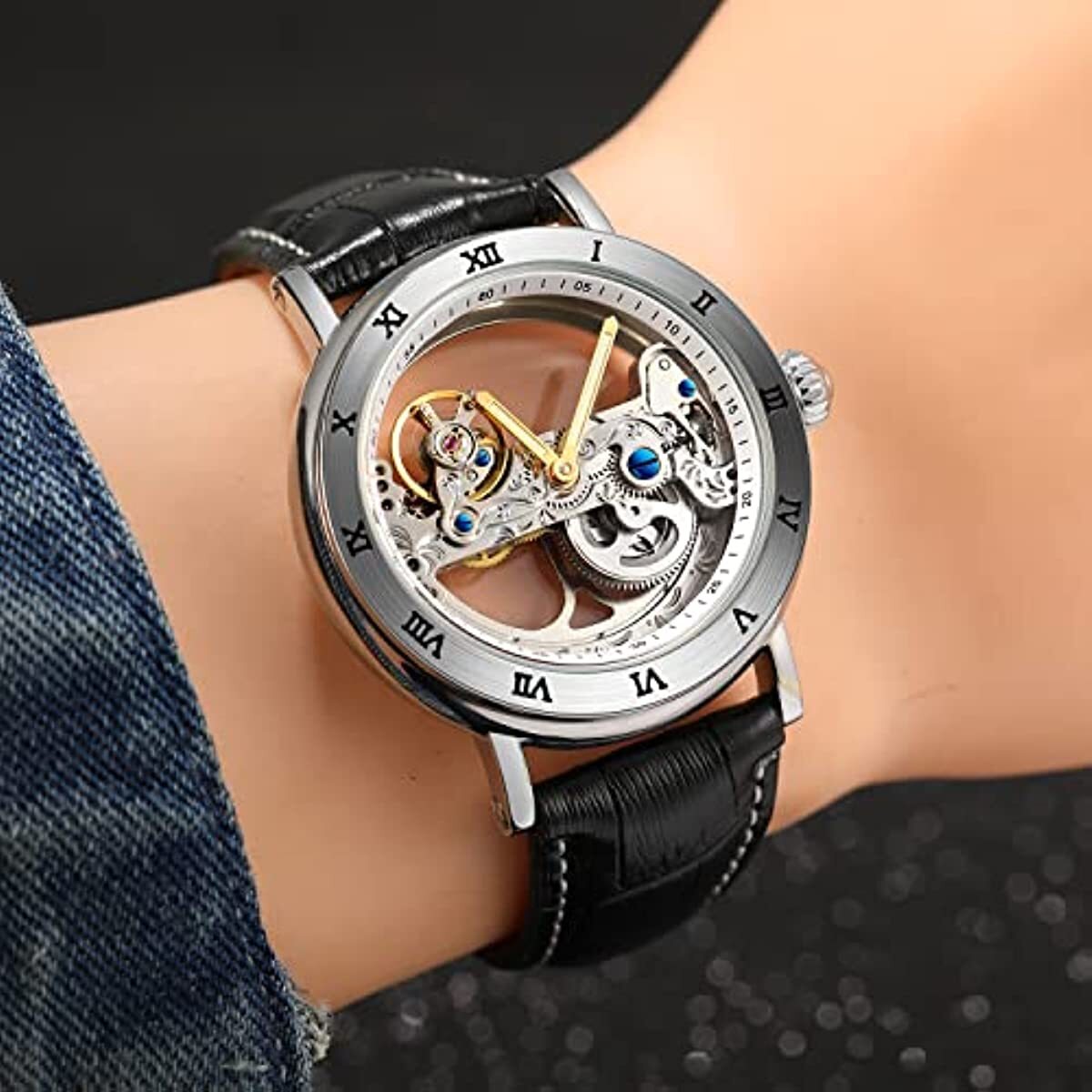 Men’s Unique Design Automatic Self Wind Genuine Leather Strap Skeleton Watch New