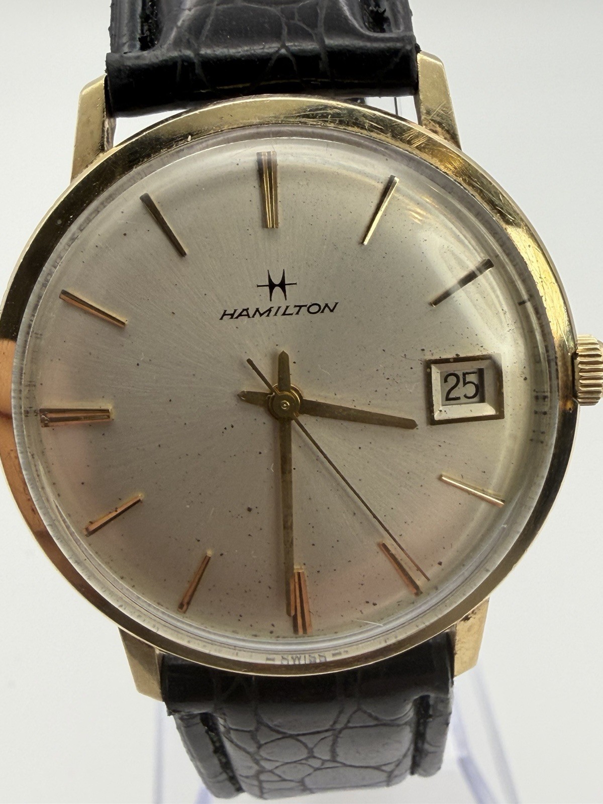 Vintage Hamilton Swiss Hand Wind 34mm Gold Tone Date Dress Watch Runs