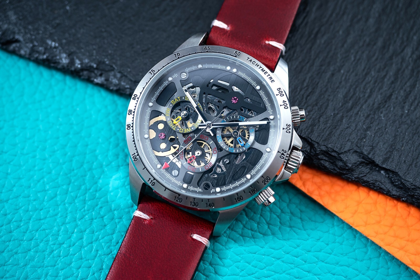 Mens Automatic Mechanical Watch Calendar Silver Dark Red Oil Waxed Leather Gift