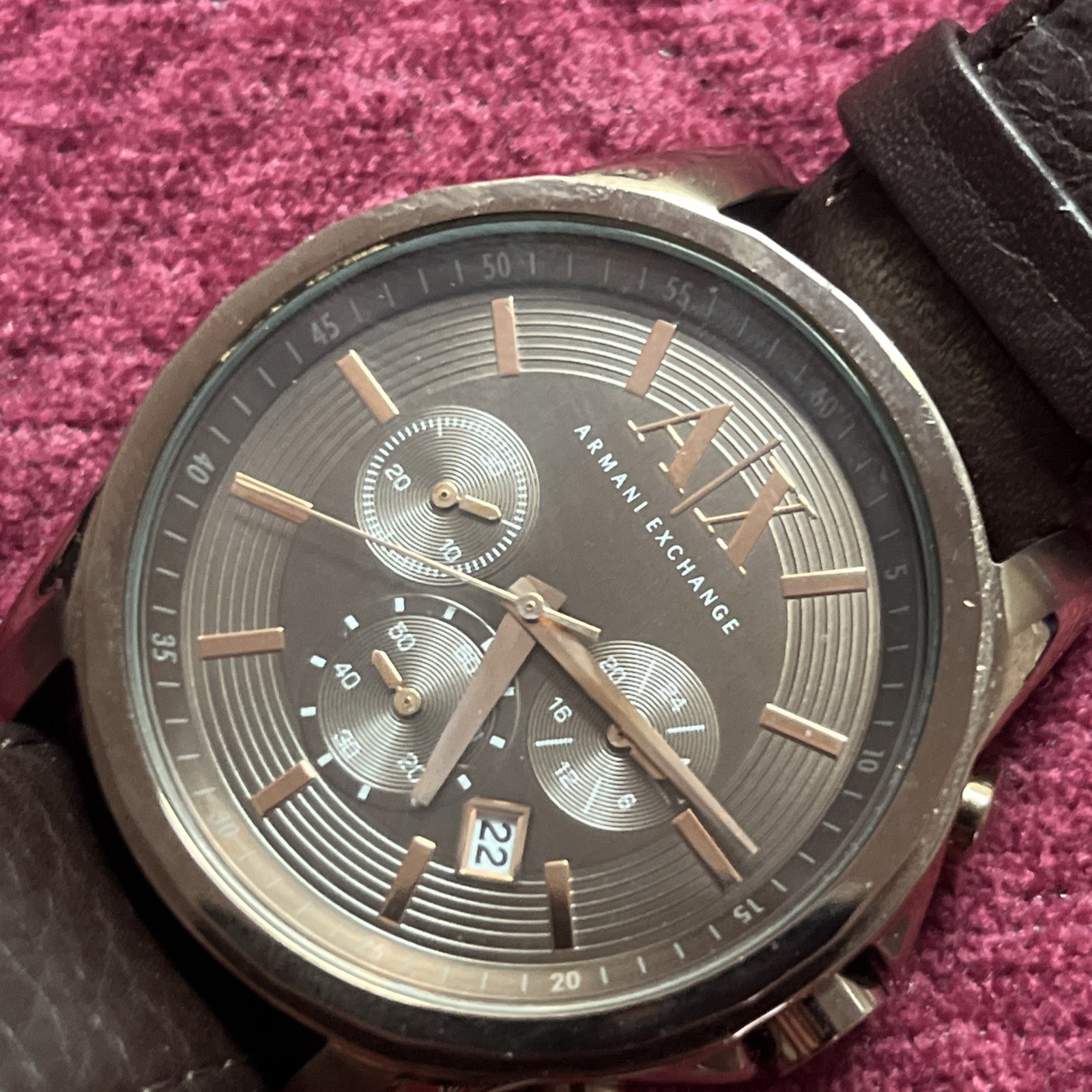 Watch Chronograph Dark Brown Leather Strap 45mm Ax2090