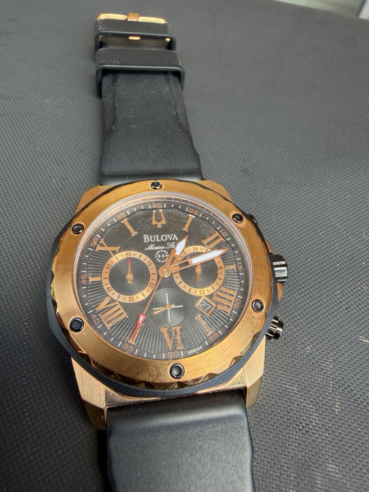 Bulova Marine Star Rose Gold Chronograph Black Silicone Strap Men’s Watch 98B104