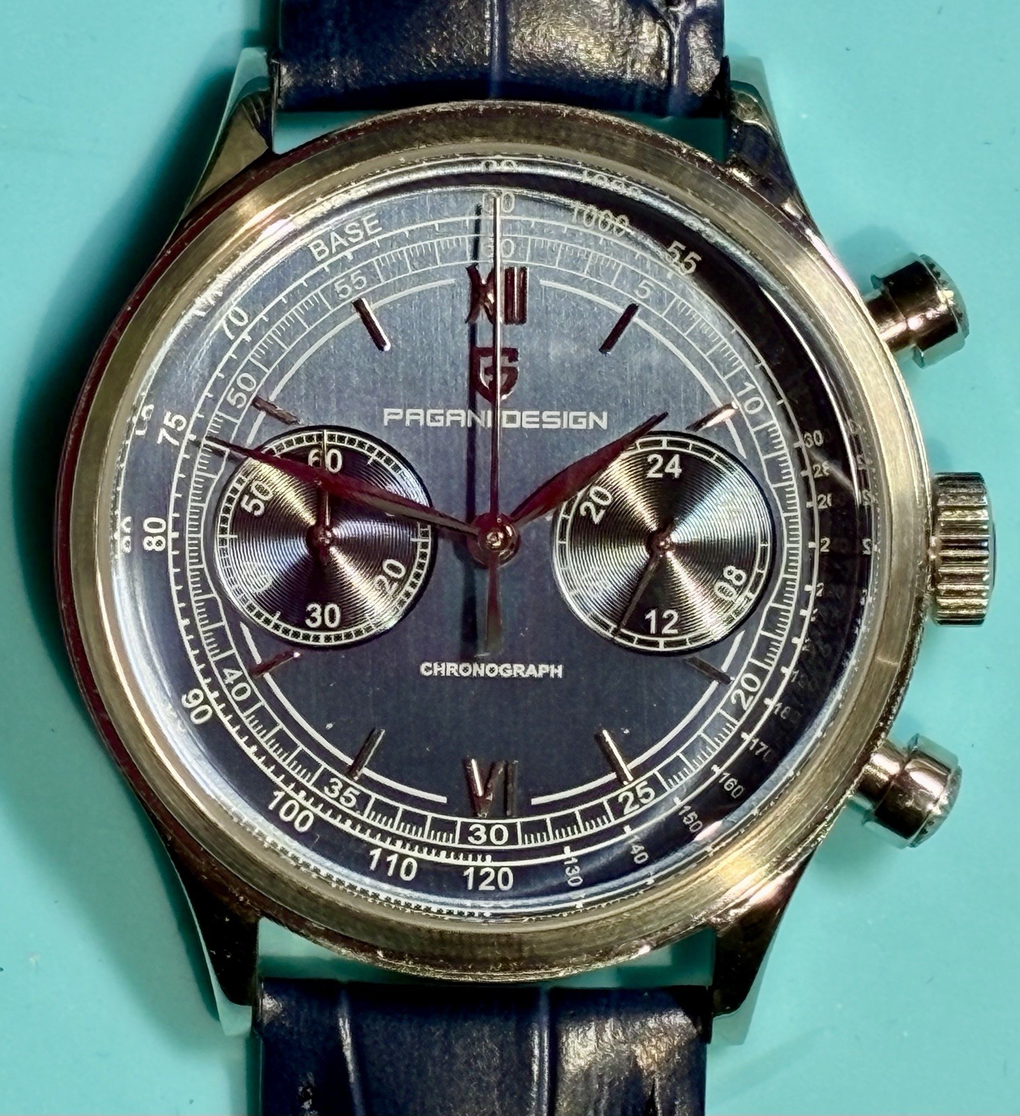PAGANI DESIGN 40MM CHRONO VINTAGE STYLE BLUE BICOMPAX DIAL SEIKO VK64 QUARTZ